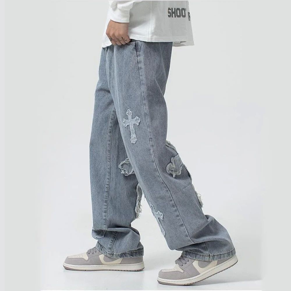 Fashion Trousers Cross Denim Pants Streetwear Hip Hop Low Ri-图2