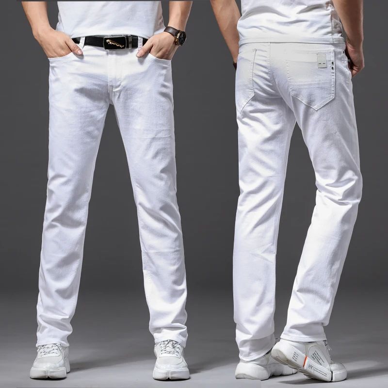 Men White Jeans Fashion Casual Classic Style Slim Fit Soft T - 图3