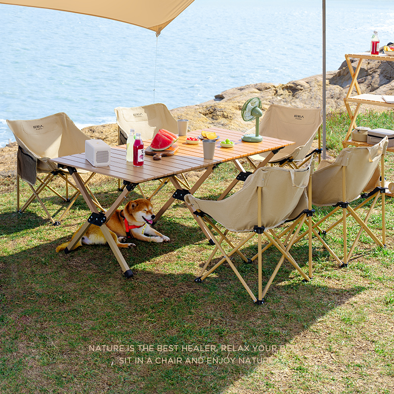 原始人露营野餐桌椅月亮椅户外便携折叠蛋卷桌子椅子野营全套装备 - 图3