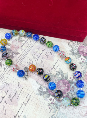 中古vintage琉璃混色串珠手工千花时尚穆拉诺个性项链配饰