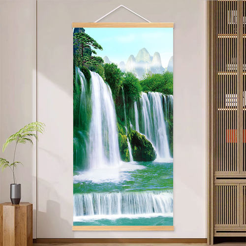 瀑布流水风景画客厅背景墙装饰画流水生财现代简约挂画风水挂轴画 - 图0