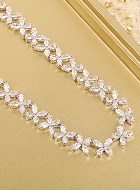 高定满钻蝴蝶choker项链通体925纯银镀18k金名媛婚礼奢华锁骨颈链