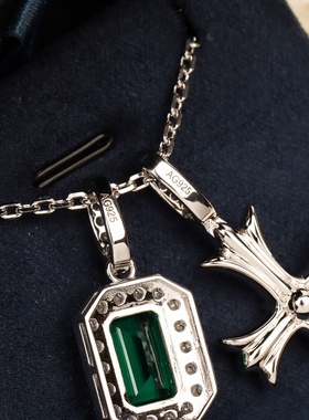 高定绿宝石镶钻十字架吊坠项链通体925纯银镀金富婆千金奢华颈链