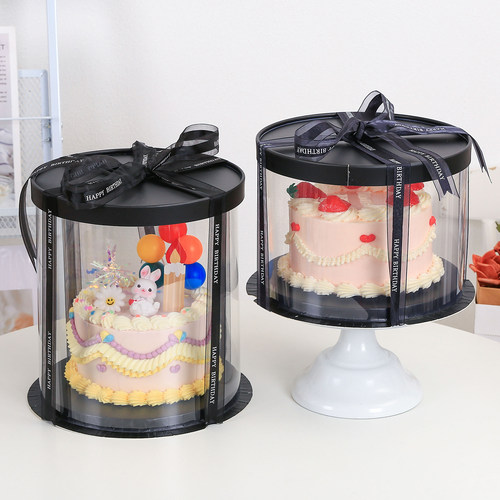 黑色透明圆形蛋糕盒4四6六8八10十12寸单双层加高生日蛋糕包装盒 - 图0