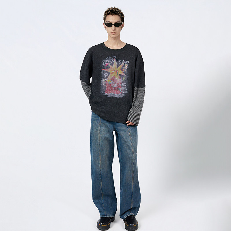 陈伟霆长袖T恤CANOTWAIT_手绘感印花撞钉艺术晕染假两件长袖T恤