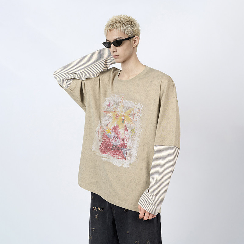 陈伟霆长袖T恤CANOTWAIT_手绘感印花撞钉艺术晕染假两件长袖T恤