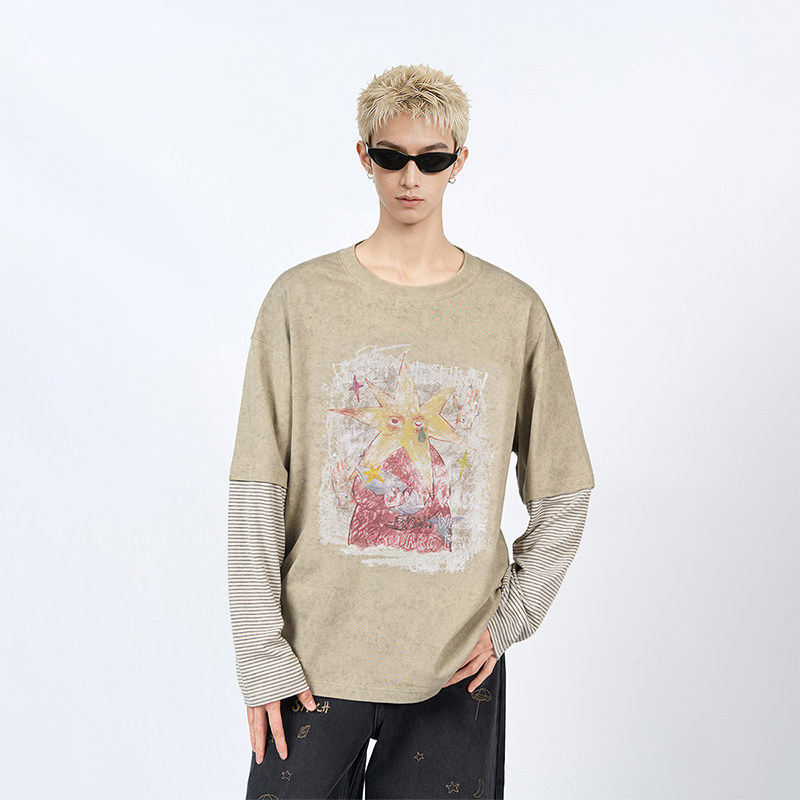 陈伟霆长袖T恤CANOTWAIT_手绘感印花撞钉艺术晕染假两件长袖T恤