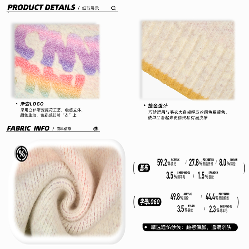 【陈伟霆】CANOTWAIT渐变立体LOGO混纺套头毛衣宽松男女款青春风