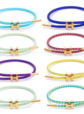 现货工字扣钢丝绳手链3D硬金配绳手链 可调节钛钢防水防汗手链