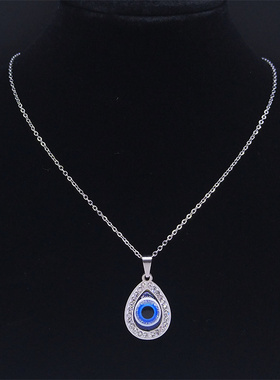 Turkish Evil Eye Necklace Stainless Steel Silver Color Blue