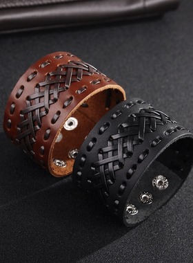 2023 New Fashion Wide Genuine Leather Bracelet for Men Brown