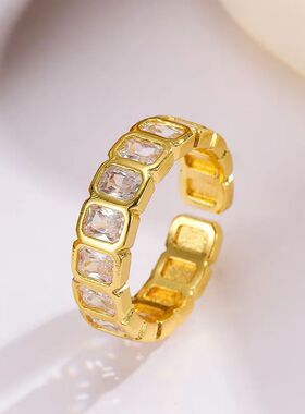 White square zirconia splicing open ring, women's simple