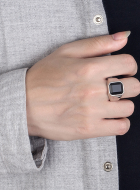 100% 925 Sterling Silver Men Black Onyx Square Agate Signet