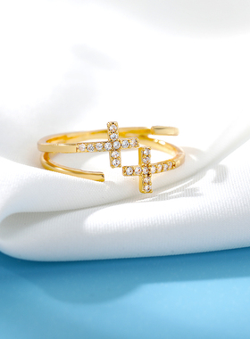 Shiny Opening Zircon Double Cross Rings For Woman Gold