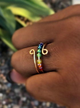 2024 Bohemian Rainbow Beads Anxiety Ring Rotate Freely Anti