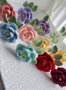 成品跨境钩织法式玫瑰花 手工毛线编织仿真针织花束插花亚马逊花