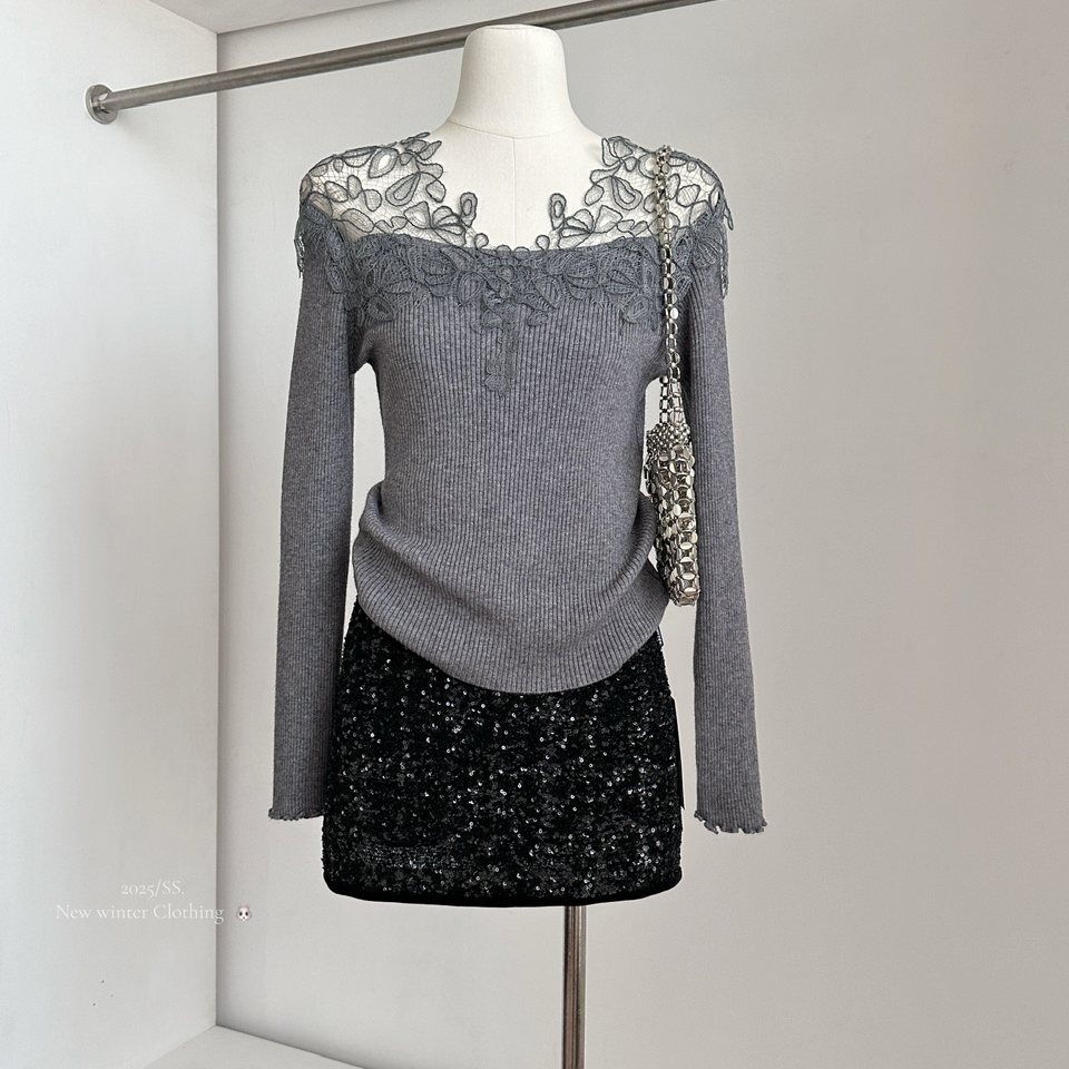 法式气质高级v领蕾丝打底衫女秋巨好看的冬装内搭温柔针织衫上衣 - 图1