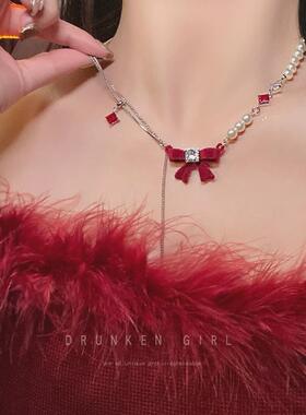 红色蝴蝶结珍珠项炼女敬酒服晚礼服锁骨炼订婚颈炼轻奢高级感配饰