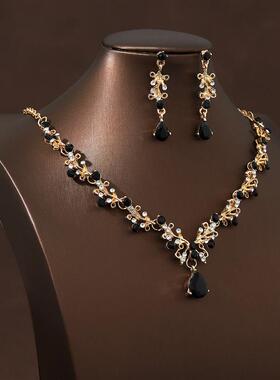 项炼耳环套组黑色简约覆古新娘锁骨炼女一套结婚纱宴会晚礼服配饰