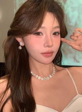 奢华满钻水钻花朵项链耳环套装高级感锁骨链晚宴颈链束颈链