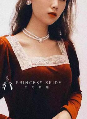 优雅复古法式宴会珍珠项链女锁骨链新娘结婚配饰婚纱礼服镶钻耳环