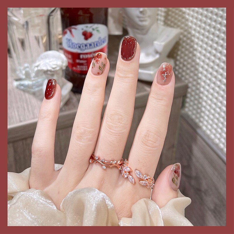 假指甲贴片玫瑰红晕染手绘覆盆子花穿戴新娘孕妇定制手工成品美甲