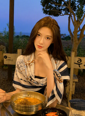 藏青几何90方巾高级感衬衫头巾