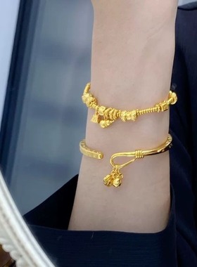 2025爆款沙金手镯古法錾刻绕丝吉言手镯新中式国潮婚嫁礼物