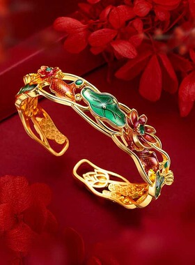 女款珐琅复古荷花鲤鱼手镯民族风鱼莲花烧蓝活口大手镯
