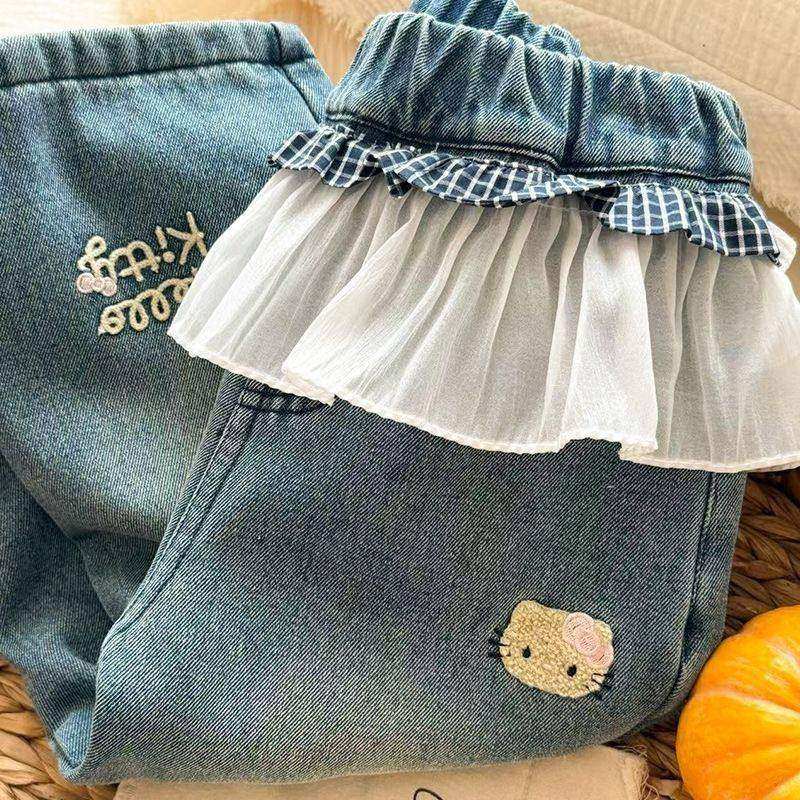 牛仔裤女童加绒冬季花边新款裤子冬装阔腿裤女宝宝儿童直筒裤,淘宝优惠券,粉丝福利购,淘宝优惠卷