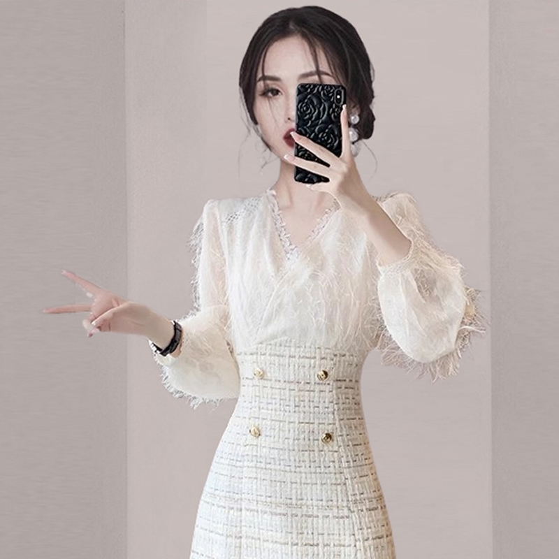 高级感法式名媛连衣裙2025秋季新款女装气质收腰粗花呢拼接蕾丝裙 - 图1