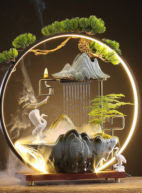 招财流水摆件循环水创意家居生财办公室灯圈倒流香炉乔迁开业