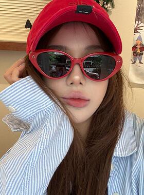 2025新款红色边框太阳眼镜覆古猫眼夏日防晒抗UV遮阳高级感太阳眼