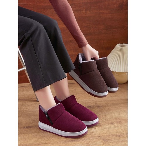 日式中老年厚底防滑棉拖鞋包跟保暖居家用冬季毛毛带后跟老人棉鞋 - 图1