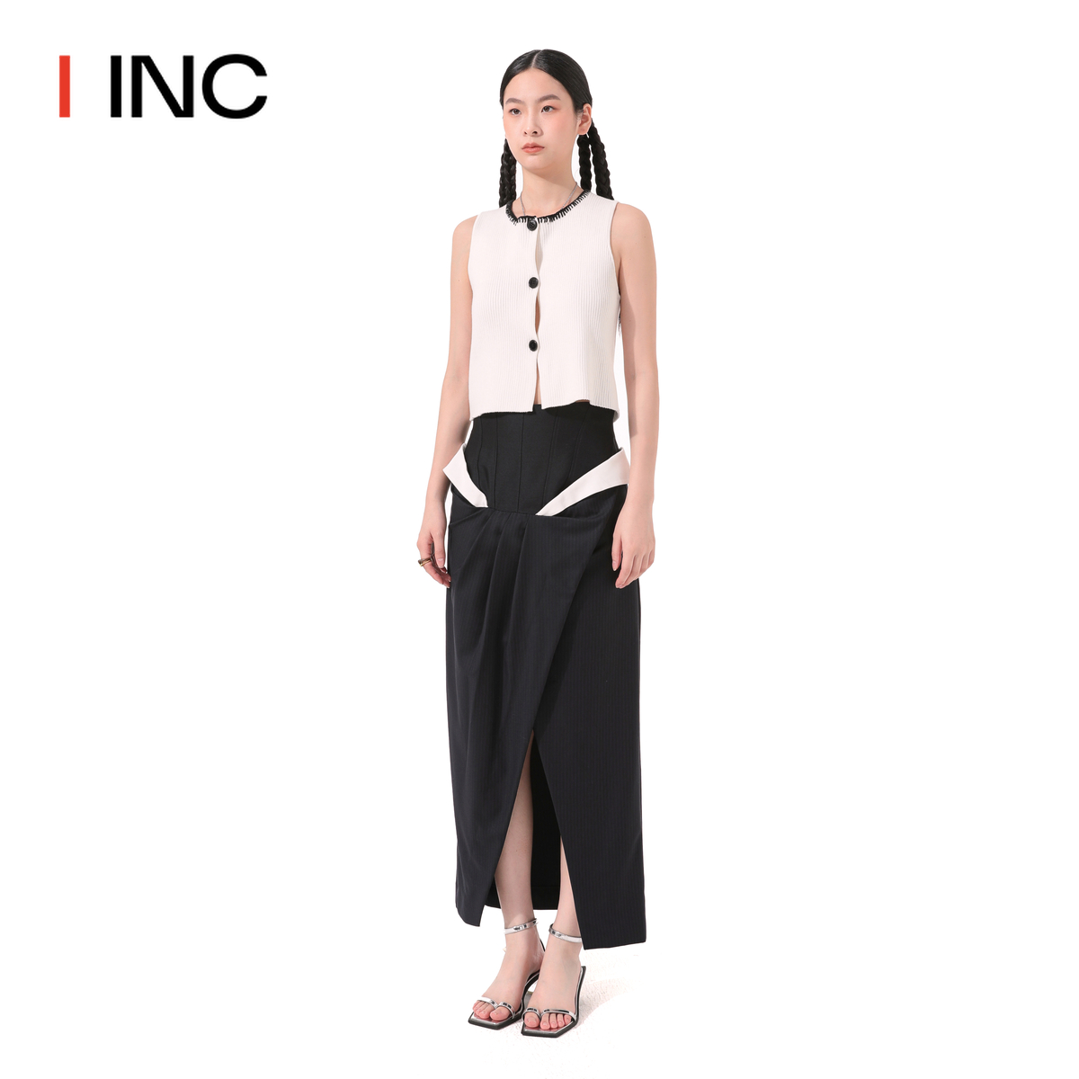 【YCH 设计师品牌】IINC 23PF不规则开叉撞色中裙半身裙女