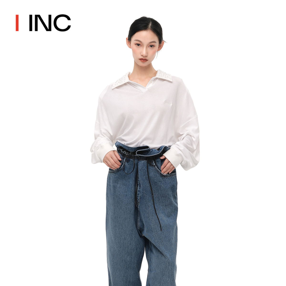 【ETHOR设计师品牌】 IINC 24SS新款灰色珠片连体Polo衫上衣女-图0