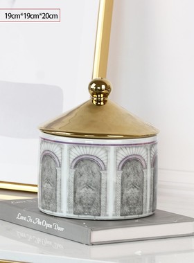 现代轻奢建筑图案陶瓷亭子宝塔罐子样板客厅玄关软装饰品电镀摆件