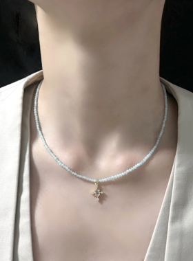 十字架颈链mini细珠串珠蓝色项链