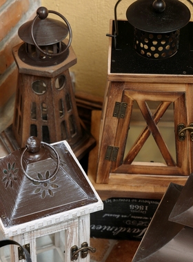 美式复古木质铁艺烛台风灯摆件