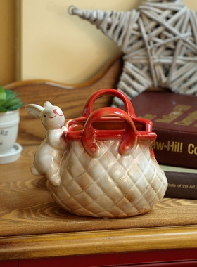 创意陶瓷手提包可爱兔子收纳摆件