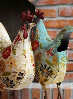 复古铁艺印花公鸡装饰摆件