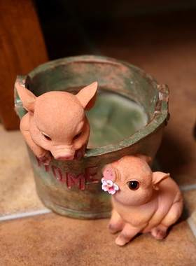 复古做旧可爱小猪猪多肉花盆摆件