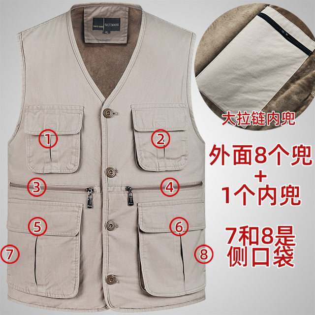 Add velvet to keep warm, middle-aged and elderly men's multi-pocket vest
