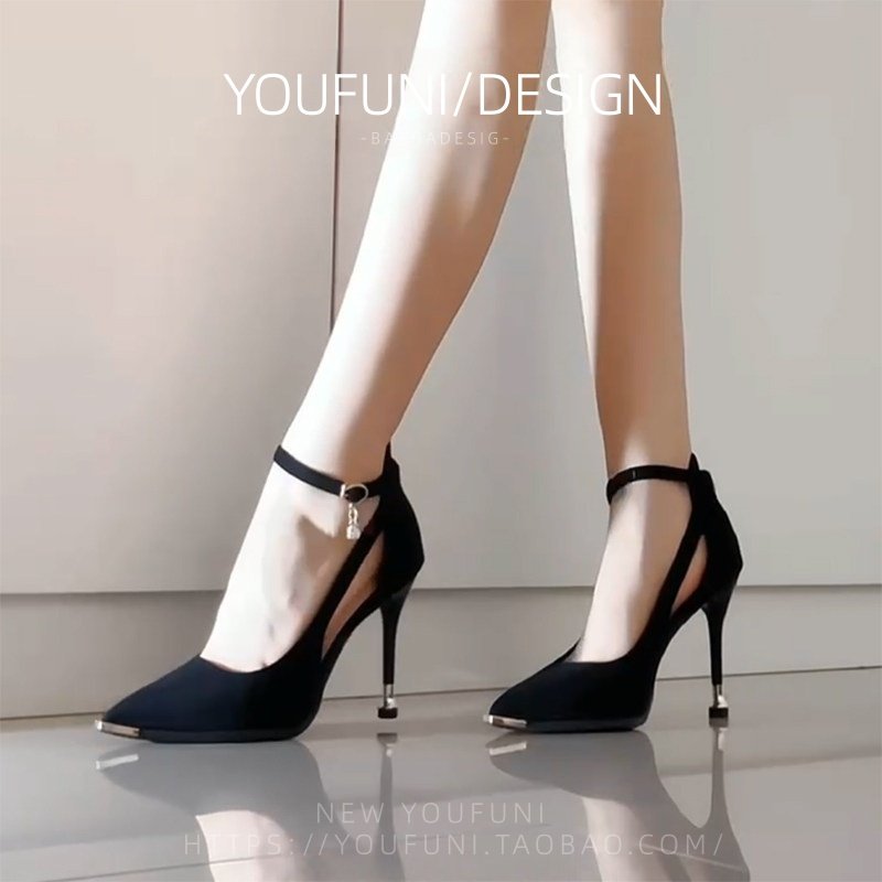 黑色绒面高跟鞋女2026年春秋新款金属尖头细跟气质浅口一字带单鞋,淘宝优惠券,粉丝福利购,淘宝优惠卷