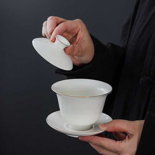 羊脂玉描金盖碗茶杯德化白瓷茶碗大容量带盖单个功夫茶具三才盖碗 - 图1