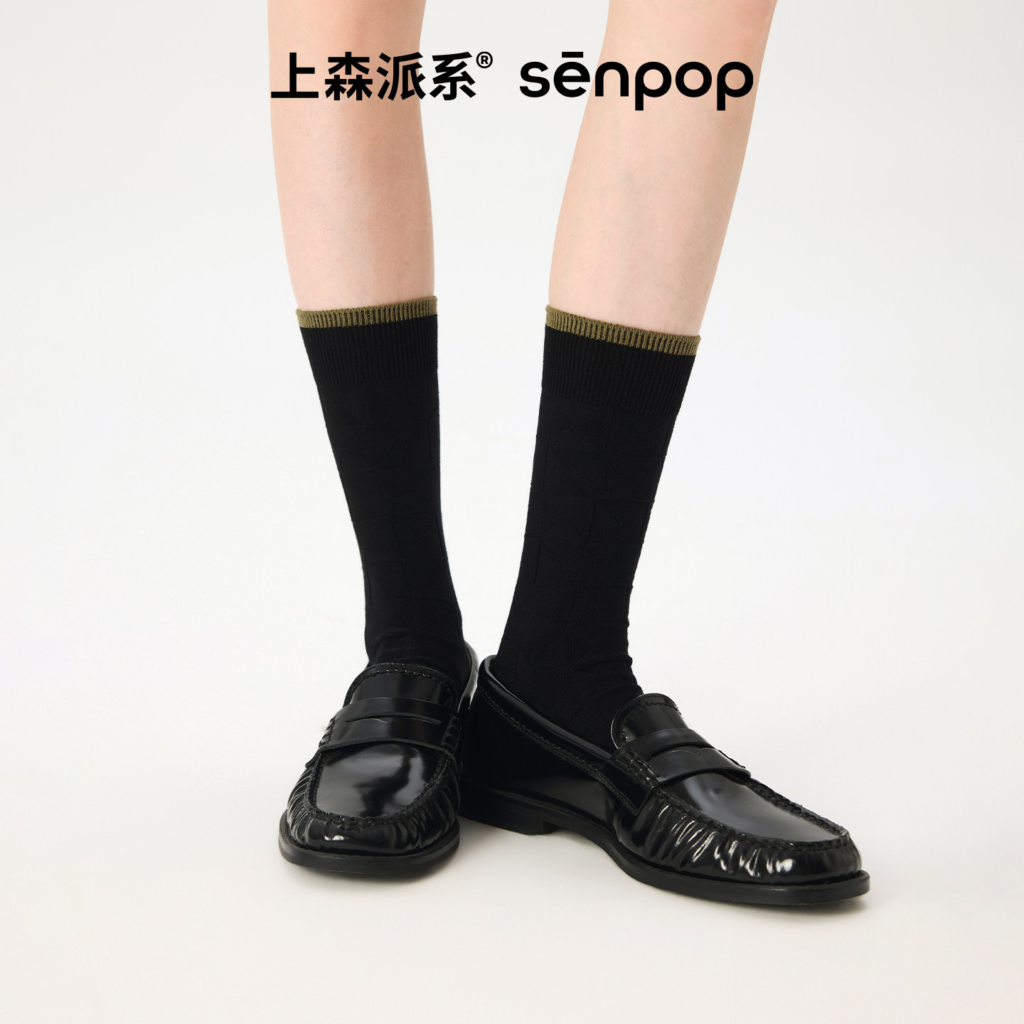 上森中筒袜棕色袜子女堆堆袜美拉德配玛丽珍鞋袜春秋款撞色肌理袜 - 图1