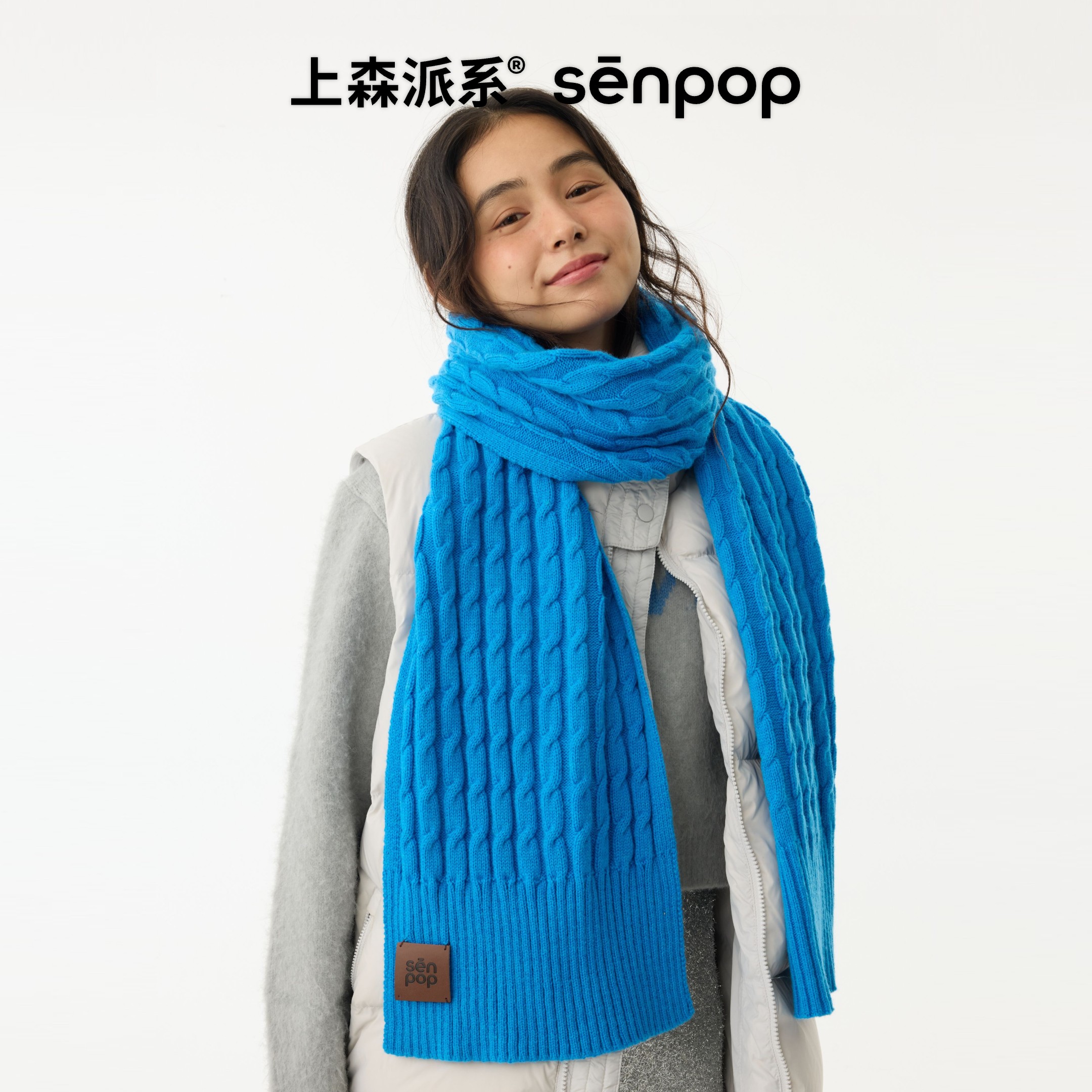 上森羊毛麻花围巾冬季保暖围巾女款绿色氛围感韩系长条围巾巴恩风 - 图0