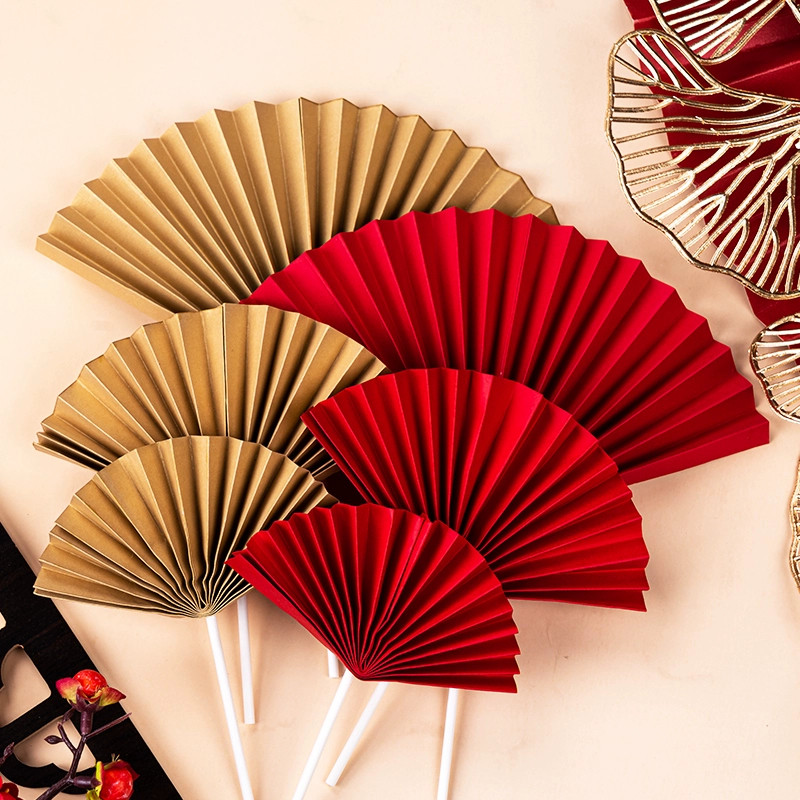 半圆大红色折扇子烫金扇子老人祝寿生日蛋糕装饰品插牌中国风插件,淘宝优惠券,粉丝福利购,淘宝优惠卷