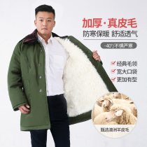 Sheep Leather Army Cotton Coat Men Genuine Leather Warm Medium Long Wool Leather Hair Integrated Cold Bank Winter Mountaineering Anti-Chill Thickening