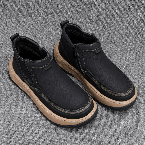 高帮男鞋冬季加绒保暖厚底雪地靴真皮防滑轻便时尚套筒切尔西棉靴 - 图1